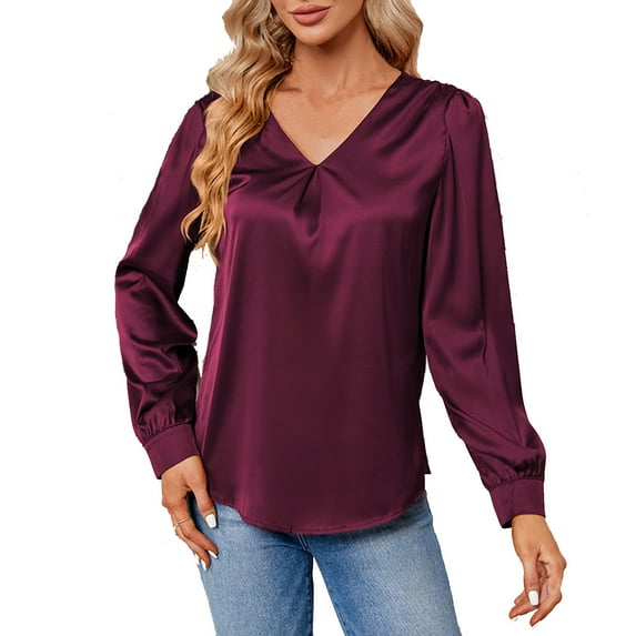 AherBiu Satin Tops for Women Dressy Casual Long Sleeve Shirt Elegant Ladies V Neck Formal Tops Blouse