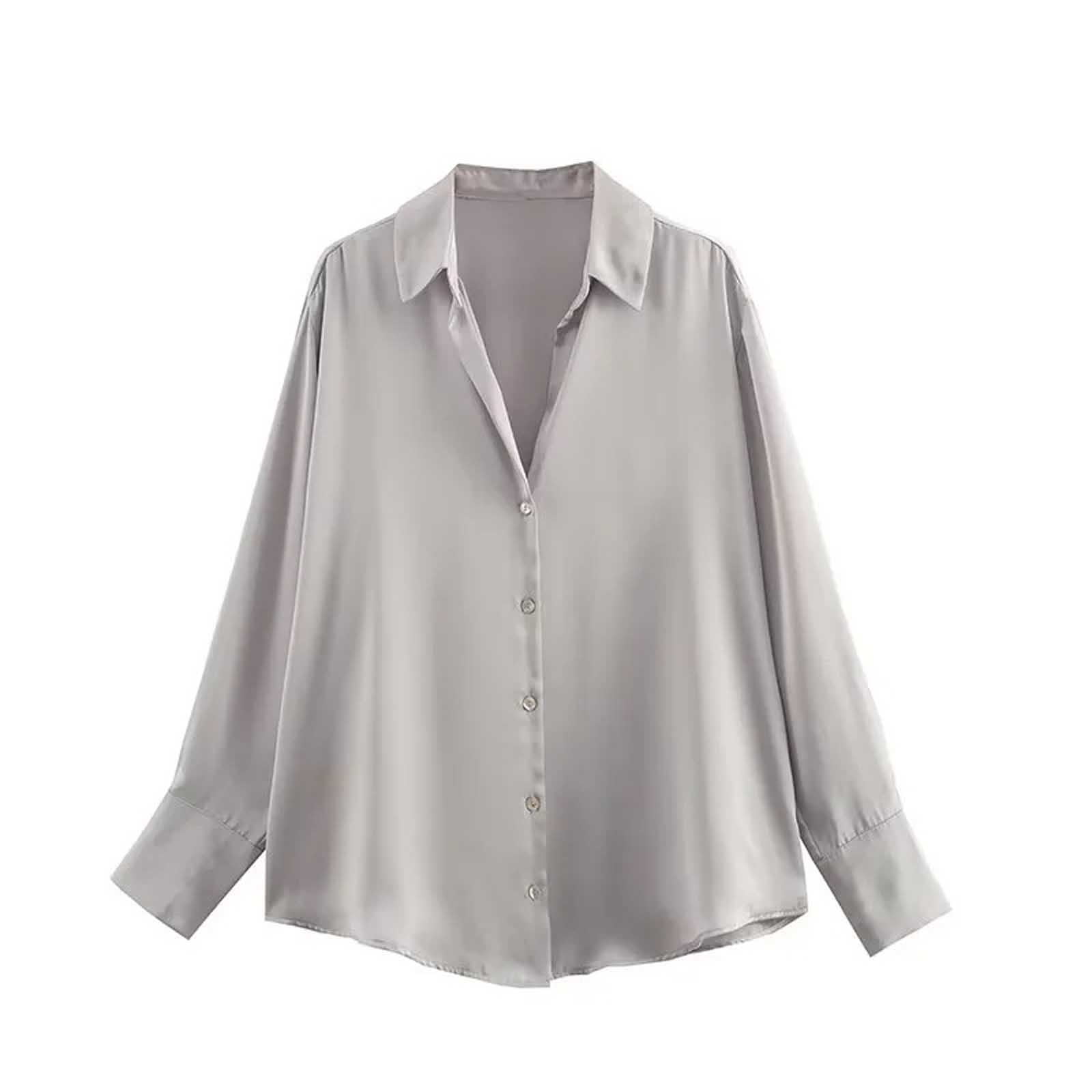 Women’s Satin Button-Down Blouse – Classic Long-Sleeve Lapel Shirt