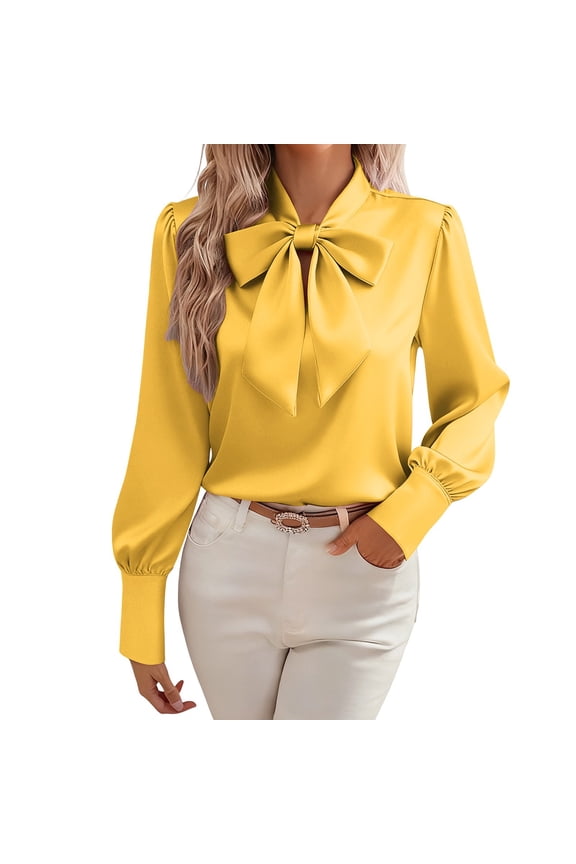 Satin Tops for Women Long Sleeve Dressy Casual Blouse Bow-Tie Keyhole Neck Office Ladies Business Work Shirts Yellow,Medium