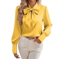thumbnail image 1 of AherBiu Satin Tops for Women Long Sleeve Dressy Casual Blouse Bow-Tie Keyhole Neck Office Ladies Business Work Shirts Yellow,X-Large, 1 of 7