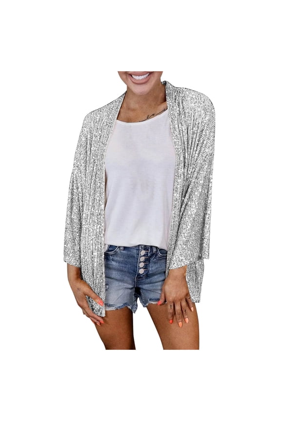 Sequin Cardigans for Women Open Front 3/4 Sleeve Glitter Party Jackets Clubwear Sparkly Outwear
