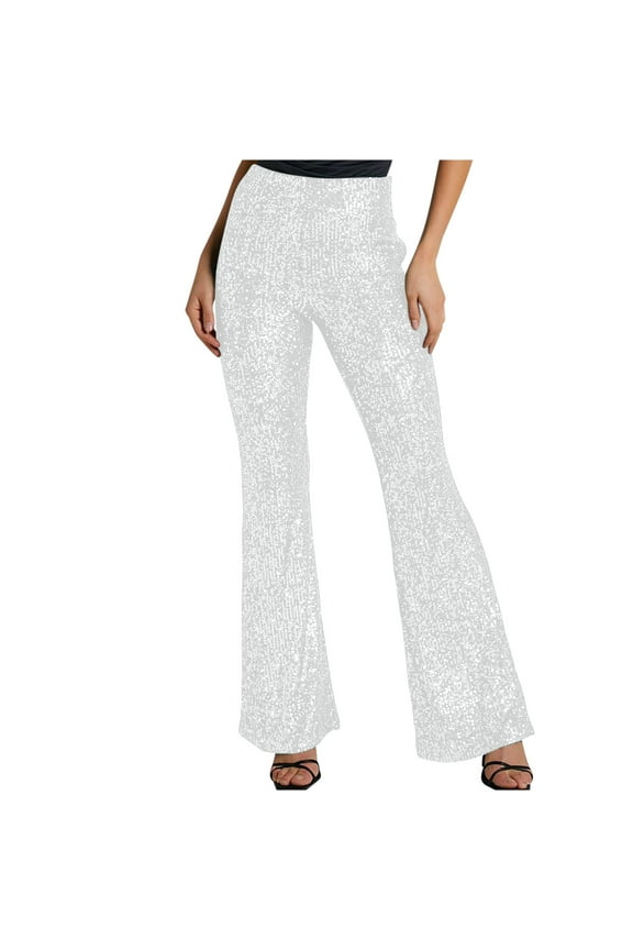 Sequin Flare Pants for Women High Waisted Sparkly Glitter Bell Bottom Trousers Clubwear Party Pants