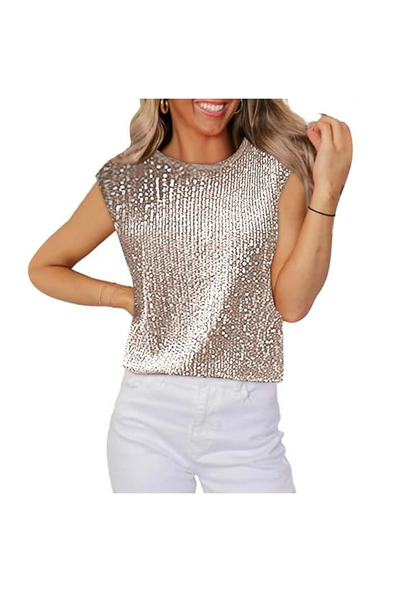Sequin Tops for Women Cap Sleeve Casual Loose Sparkly Crewneck Clubwear Party Shirts Blouse