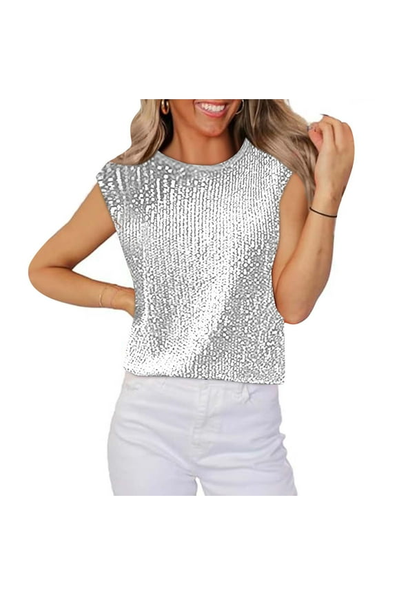 Sequin Tops for Women Cap Sleeve Casual Loose Sparkly Crewneck Clubwear Party Shirts Blouse