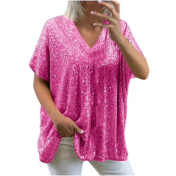 AherBiu Sequin Tops for Women Short Sleeve V Neck Oversized Top Tees Shirts Sparkly Party Tshirt