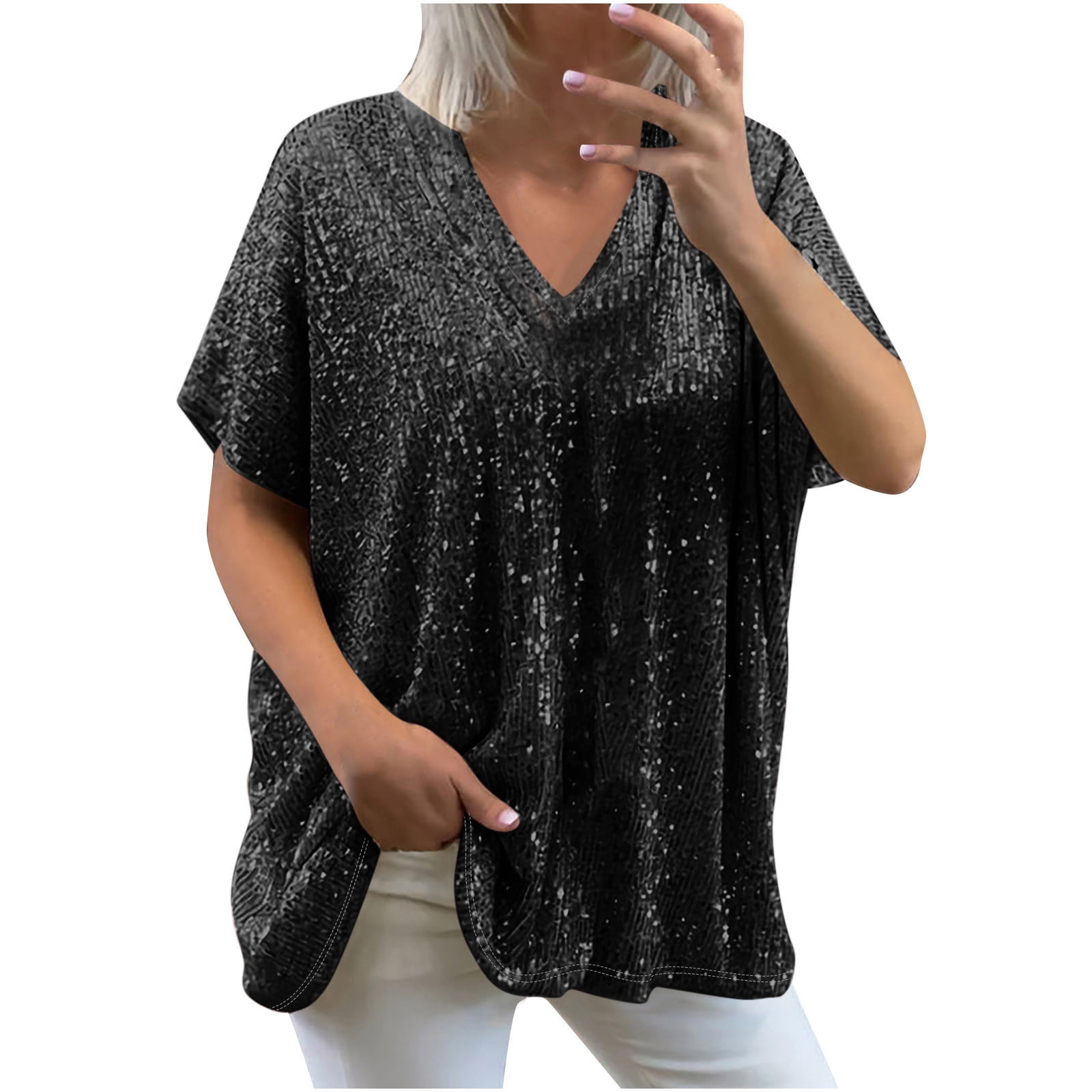 Sequin Hat Round Neck Short Sleeve T-Shirt