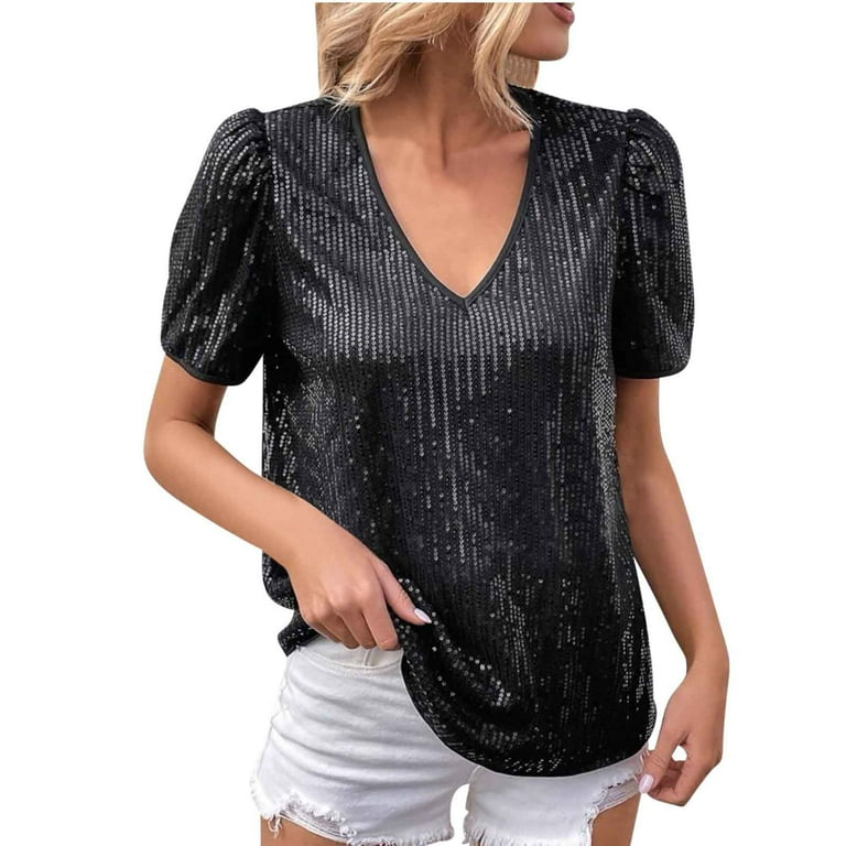 AherBiu Sequin Tops for Women Short Sleeve V Neck Sparkly Party