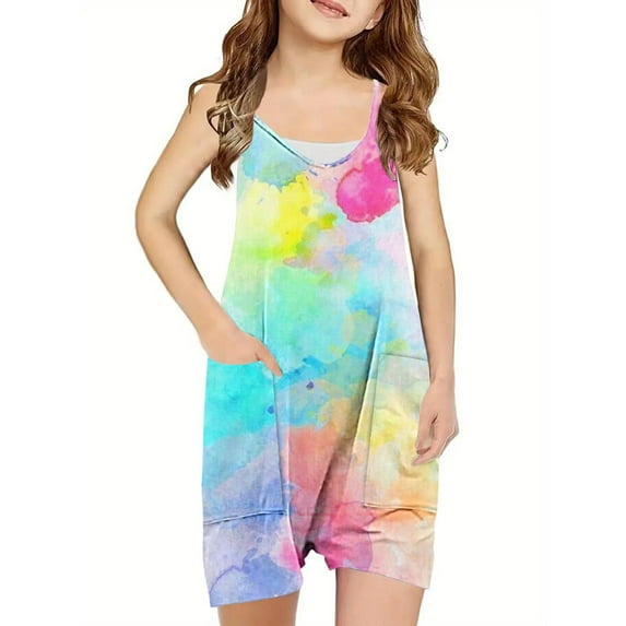 AherBiu Short Jumpsuits for Girls Sleeveless Spaghetti Strap V Neck Tie-Dye Casual Loose Summer Rompers with Pockets