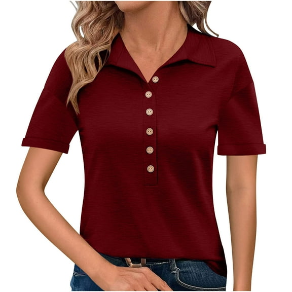 AherBiu Short Sleeve Shirt for Women Half Button up Lapel V Neck Summer Casual Loose Fitted Tops Blouse