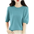 thumbnail image 1 of AherBiu Short Sleeve Sweater Tops for Women Crewneck Basic Knitwear Top Casual Blouse Solid Color, 1 of 5