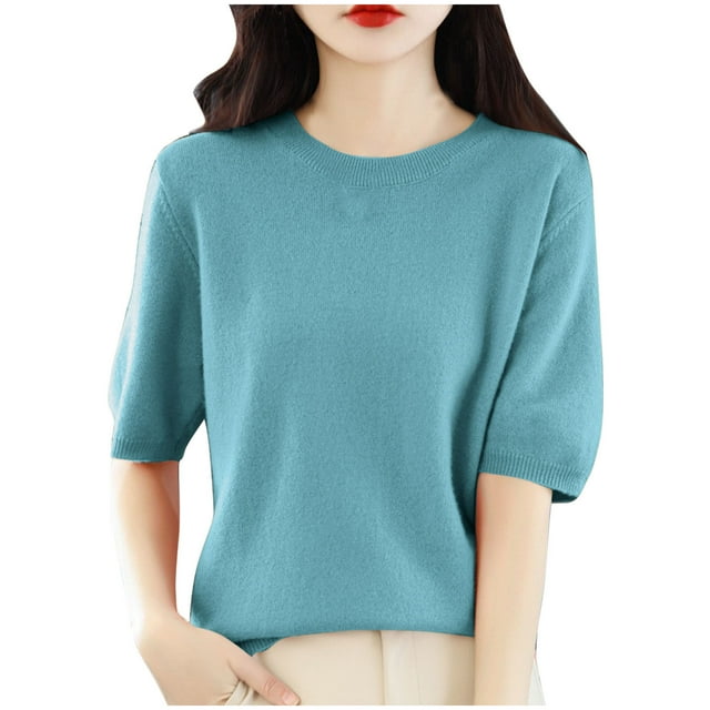 AherBiu Short Sleeve Sweater Tops for Women Crewneck Basic Knitwear Top Casual Blouse Solid Color