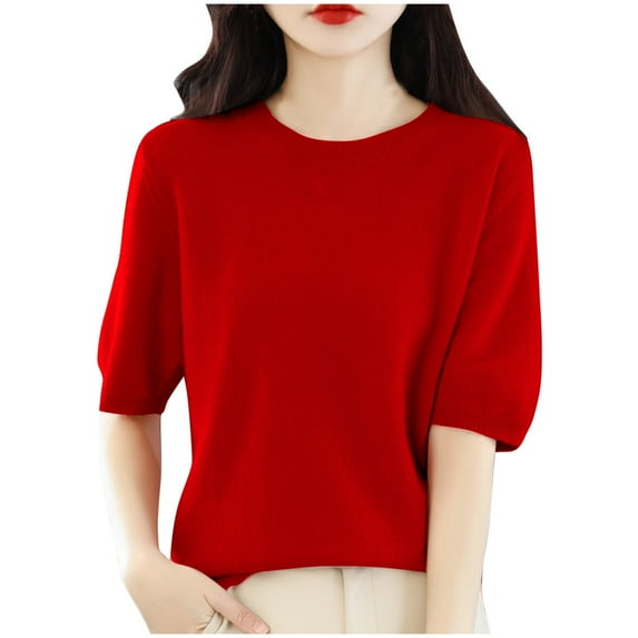 AherBiu Short Sleeve Sweater Tops for Women Crewneck Basic Knitwear Top Casual Blouse Solid Color