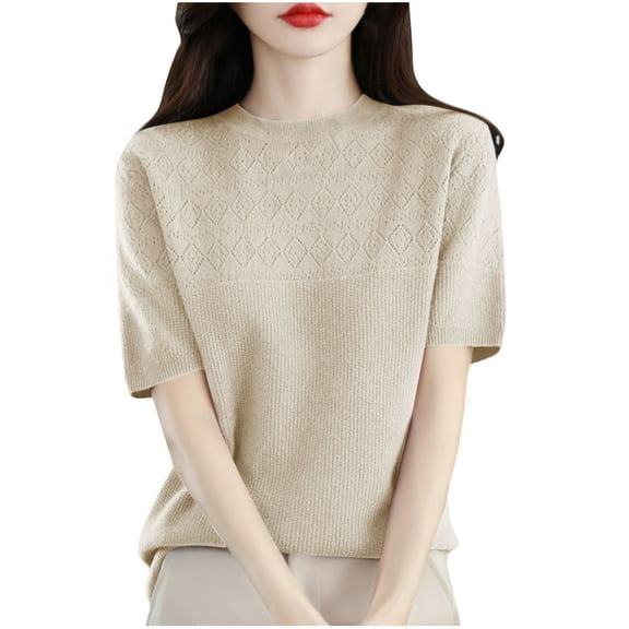 AherBiu Short Sleeve Sweater Tops for Women Crewneck Basic Knitwear Top Casual Blouse Solid Color