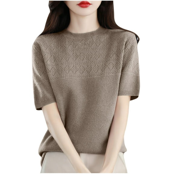 AherBiu Short Sleeve Sweater Tops for Women Crewneck Basic Knitwear Top Casual Blouse Solid Color