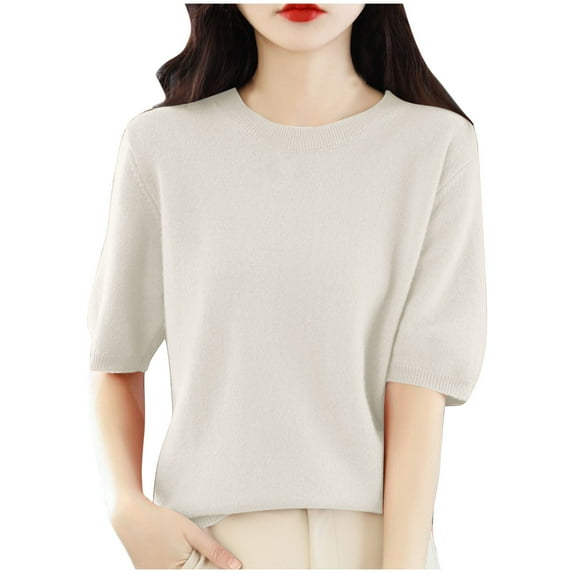 AherBiu Short Sleeve Sweater Tops for Women Crewneck Basic Knitwear Top Casual Blouse Solid Color