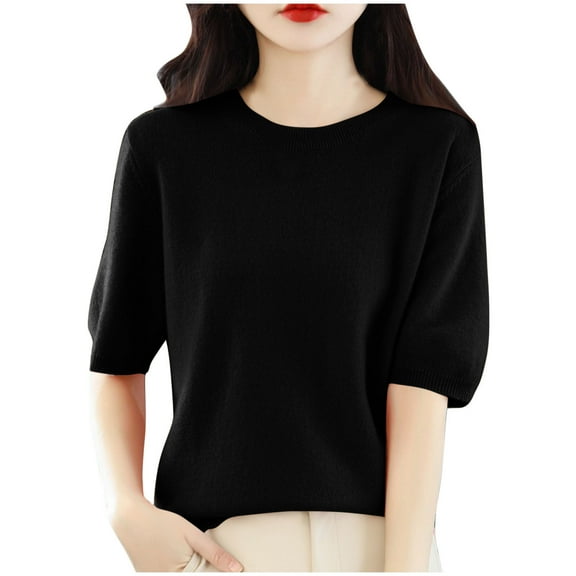 AherBiu Short Sleeve Sweater Tops for Women Crewneck Basic Knitwear Top Casual Blouse Solid Color