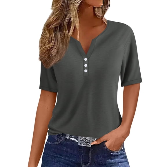 AherBiu Short Sleeve Tops for Women Button Notch V Neck Summer Casual Loose Comfy Top Tees Shirts Blouse