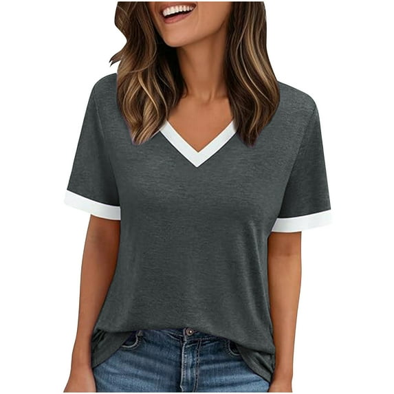 AherBiu Short Sleeve Tops for Women Color Blocked V Neck Summer Tees Stretch Comfy Basic Top Tshirt Blouse