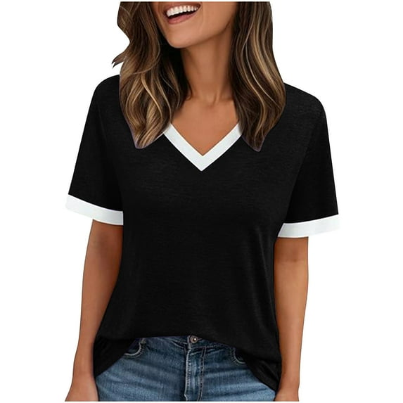 AherBiu Short Sleeve Tops for Women Color Blocked V Neck Summer Tees Stretch Comfy Basic Top Tshirt Blouse