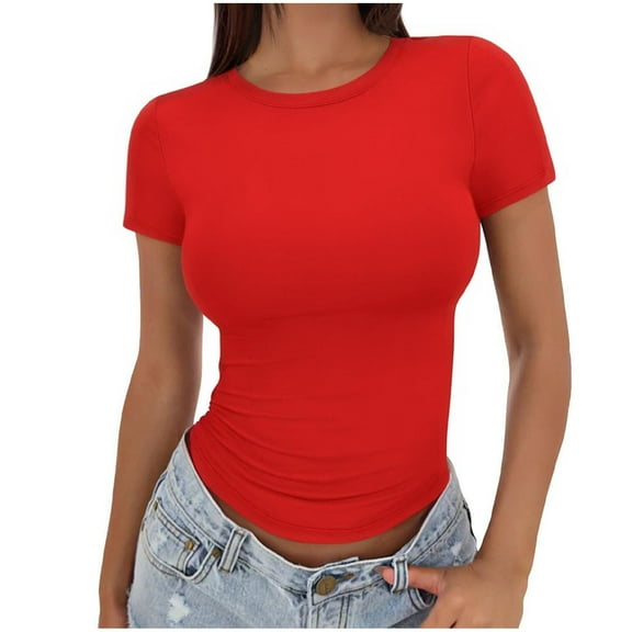 AherBiu Short Sleeve Tops for Women Crewneck Basic Slim Top Tees Shirts Plain Tshirt Going out Tops