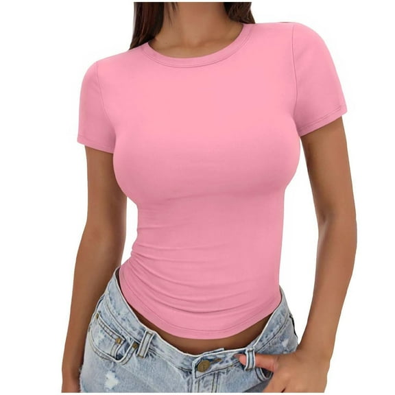 AherBiu Short Sleeve Tops for Women Crewneck Basic Slim Top Tees Shirts Plain Tshirt Going out Tops