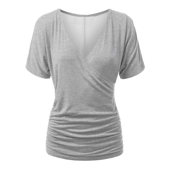 AherBiu Short Sleeve Tops for Women Deep Wrap V Neck Ruched Comfy Basic Summer Top Tees Shirts Solid Color