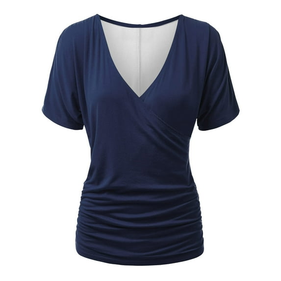 AherBiu Short Sleeve Tops for Women Deep Wrap V Neck Ruched Comfy Basic Summer Top Tees Shirts Solid Color