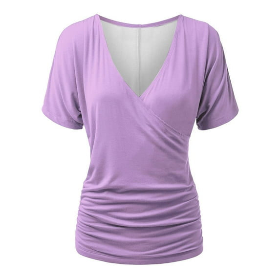 AherBiu Short Sleeve Tops for Women Deep Wrap V Neck Ruched Comfy Basic Summer Top Tees Shirts Solid Color