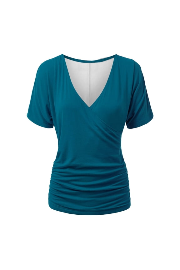 Short Sleeve Tops for Women Deep Wrap V Neck Ruched Comfy Basic Summer Top Tees Shirts Solid Color