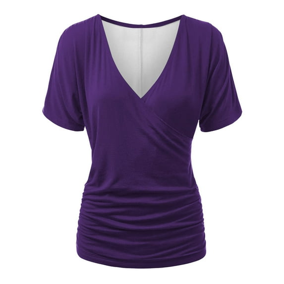 AherBiu Short Sleeve Tops for Women Deep Wrap V Neck Ruched Comfy Basic Summer Top Tees Shirts Solid Color