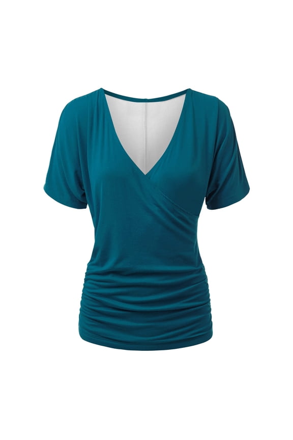 Short Sleeve Tops for Women Deep Wrap V Neck Ruched Comfy Basic Summer Top Tees Shirts Solid Color