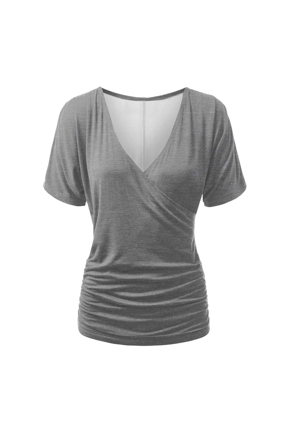 Short Sleeve Tops for Women Deep Wrap V Neck Ruched Comfy Basic Summer Top Tees Shirts Solid Color