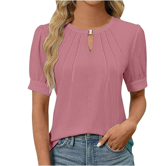 AherBiu Short Sleeve Tops for Women Keyhole Crewneck Dressy Casual Blouse Tunic Shirts Solid Color