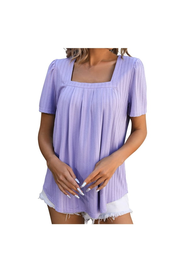 Short Sleeve Tops for Women Square Neck Ruched Casual Loose Tunic Top Shirts Blouse