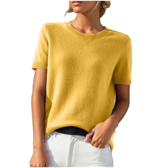 AherBiu Short Sleeve Tops for Women Sweater Pullover Tops Crewneck Comfy Warm Knitted Shirts Blouse