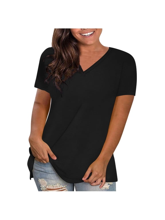 Short Sleeve Tops for Women V Neck Summer Basic Top Tees Comfy Stretch Plain Tshirt Solid Color