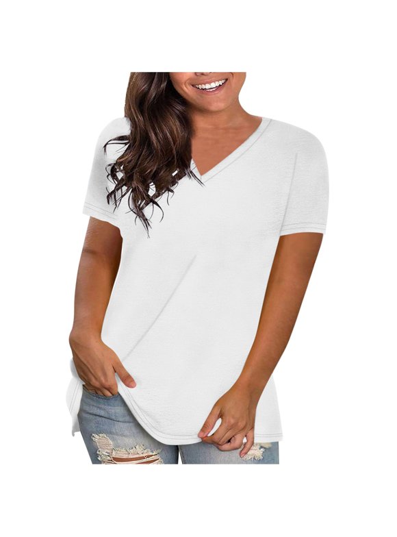 Short Sleeve Tops for Women V Neck Summer Basic Top Tees Comfy Stretch Plain Tshirt Solid Color