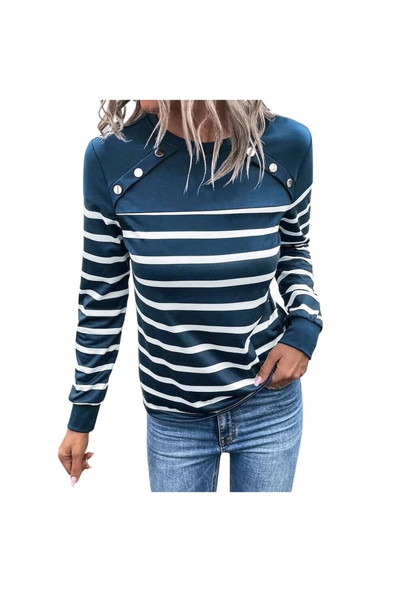 Spring Fall Tops for Women Long Sleeve Striped Crew Neck Pullover Blouse Tunic Top T Shirt