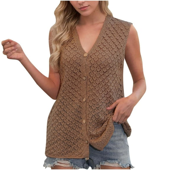 AherBiu Summer Cardigans for Women Button down V Neck Knitted Vests Hollow out Casual Loose Sweater Tops