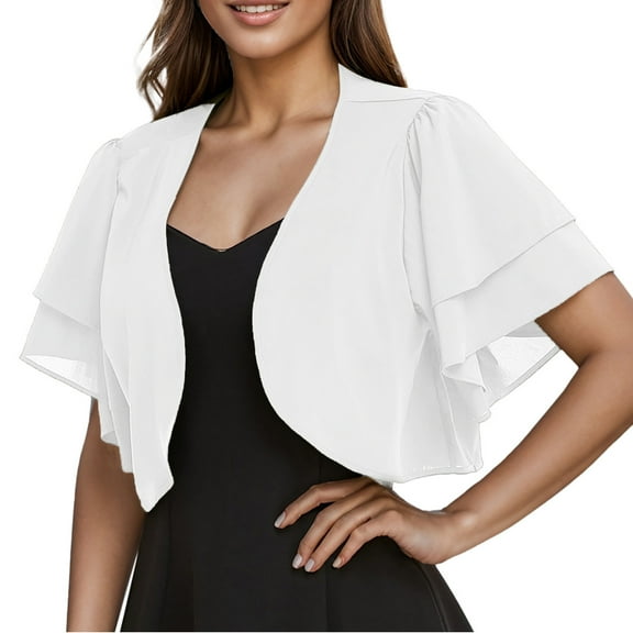 AherBiu Summer Cardigans for Women Chiffon Cropped Shrugs Ruffle Layered Short Sleeve Open Front Outwear