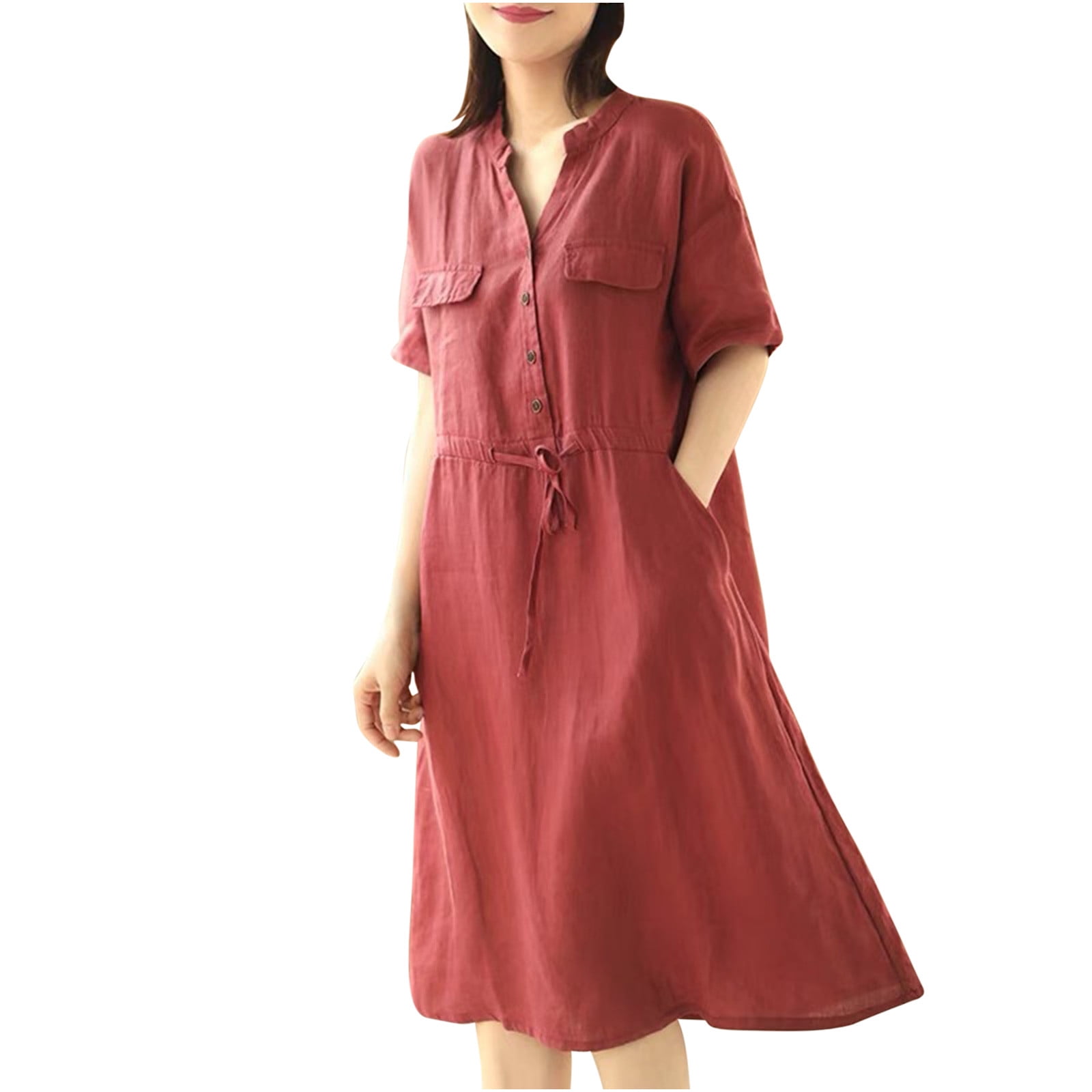 IVERIRMIN Women's Cotton Linen Midi Dress - Long Sleeve, V-Neck, Loose Fit With Pockets | Summer Casual Dress