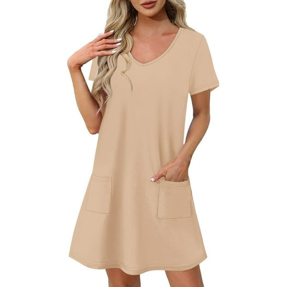 AherBiu Summer Dresses for Women Casual Loose Fitting V Neck Short Sleeve Tshirt Tunic Dress with Pockets