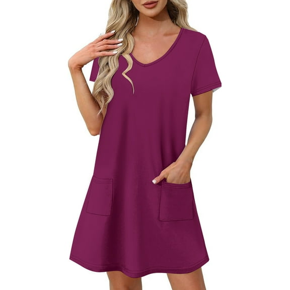 AherBiu Summer Dresses for Women Casual Loose Fitting V Neck Short Sleeve Tshirt Tunic Dress with Pockets
