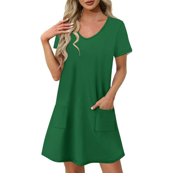AherBiu Summer Dresses for Women Casual Loose Fitting V Neck Short Sleeve Tshirt Tunic Dress with Pockets
