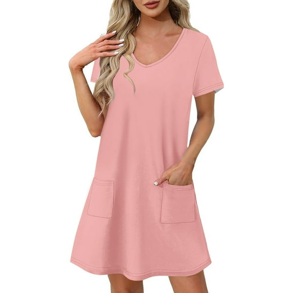AherBiu Summer Dresses for Women Casual Loose Fitting V Neck Short Sleeve Tshirt Tunic Dress with Pockets