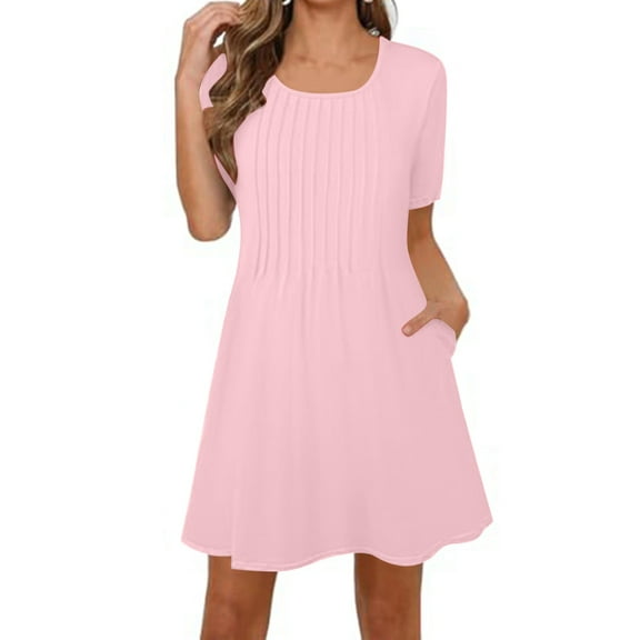 AherBiu Summer Dresses for Women Short Sleeve Tshirt Mini Dress with Pockets Crewneck Ruched A-Line Comfy Dress