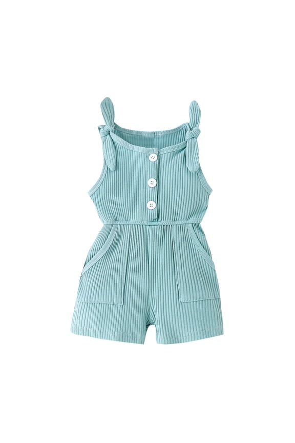 Summer Jumpsuits for Baby Girls Ribbed Sleeveless Knot-Tie Strap Short Rompers with Pockets