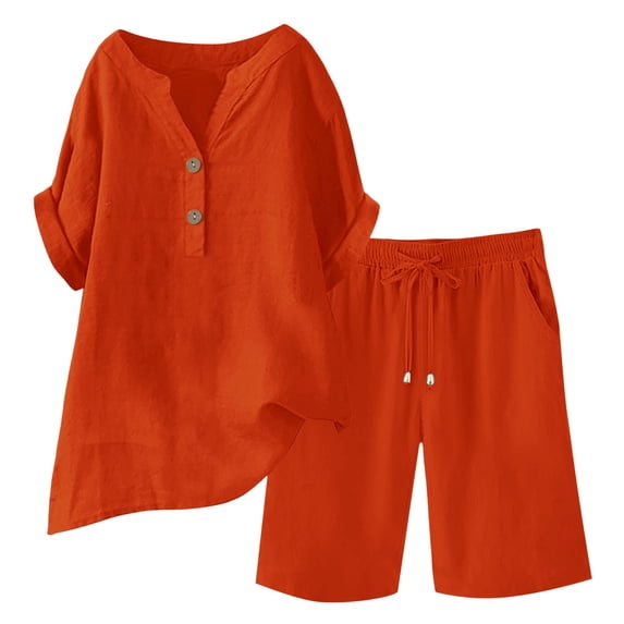 AherBiu Summer Outfits for Women Cotton Linen Short Sets Quarter Button V Neck Blouse with Lounge Shorts Set