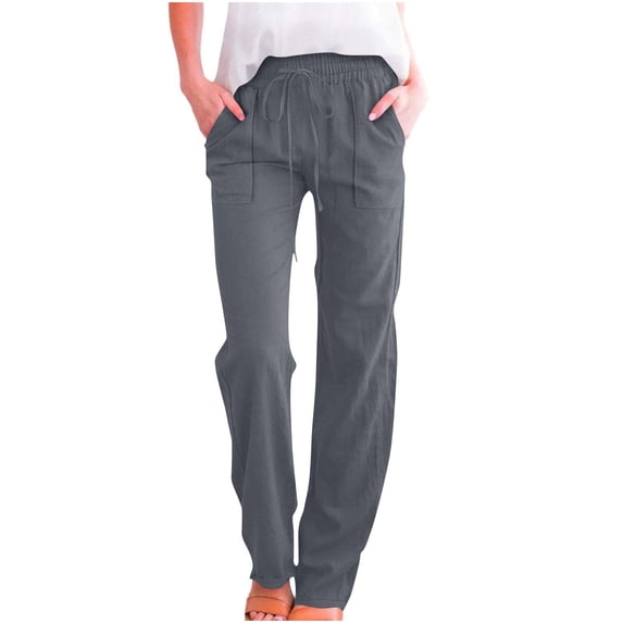 AherBiu Summer Pants for Women Linen Lightweight Drawstring Elastic High Waisted Casual Pants with Pockets