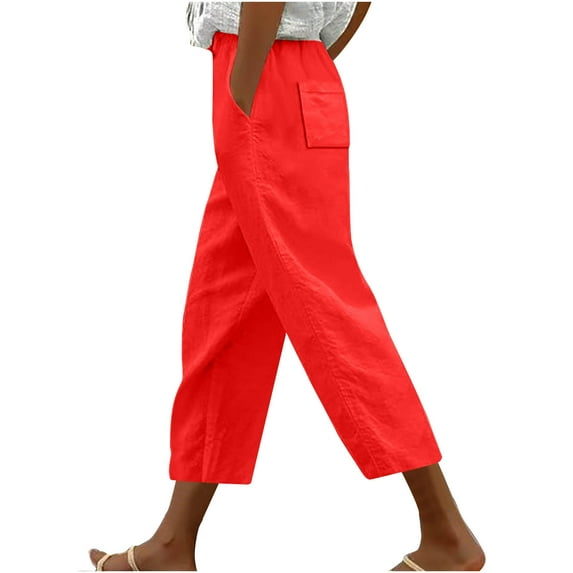 AherBiu Summer Pants for Women Tapered Leg Elastic High Waisted Drawstring Casual Trousers Solid Color